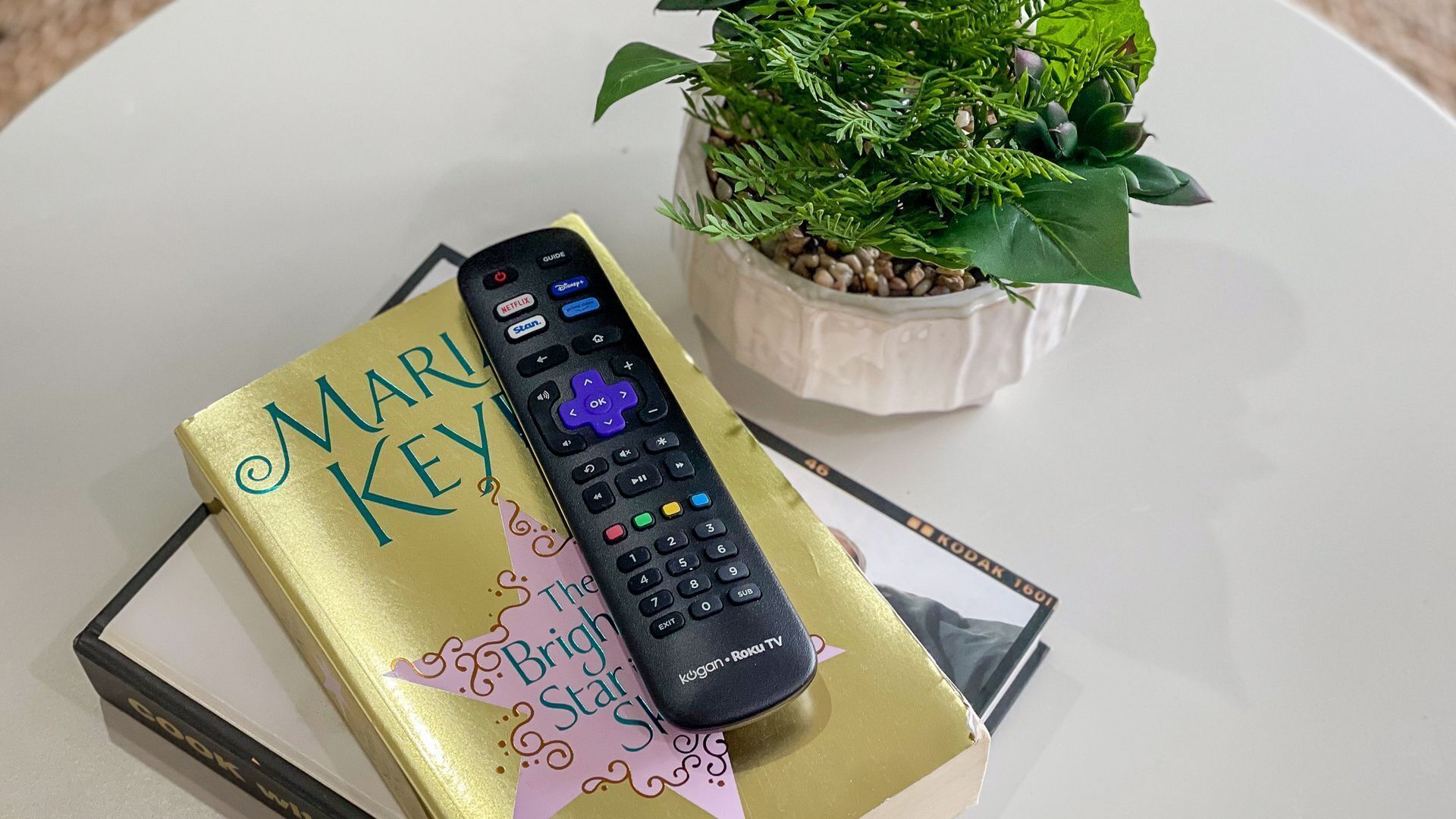 A book titled 'Marie Key' with a remote control on top, placed on a white surface next to a potted plant.