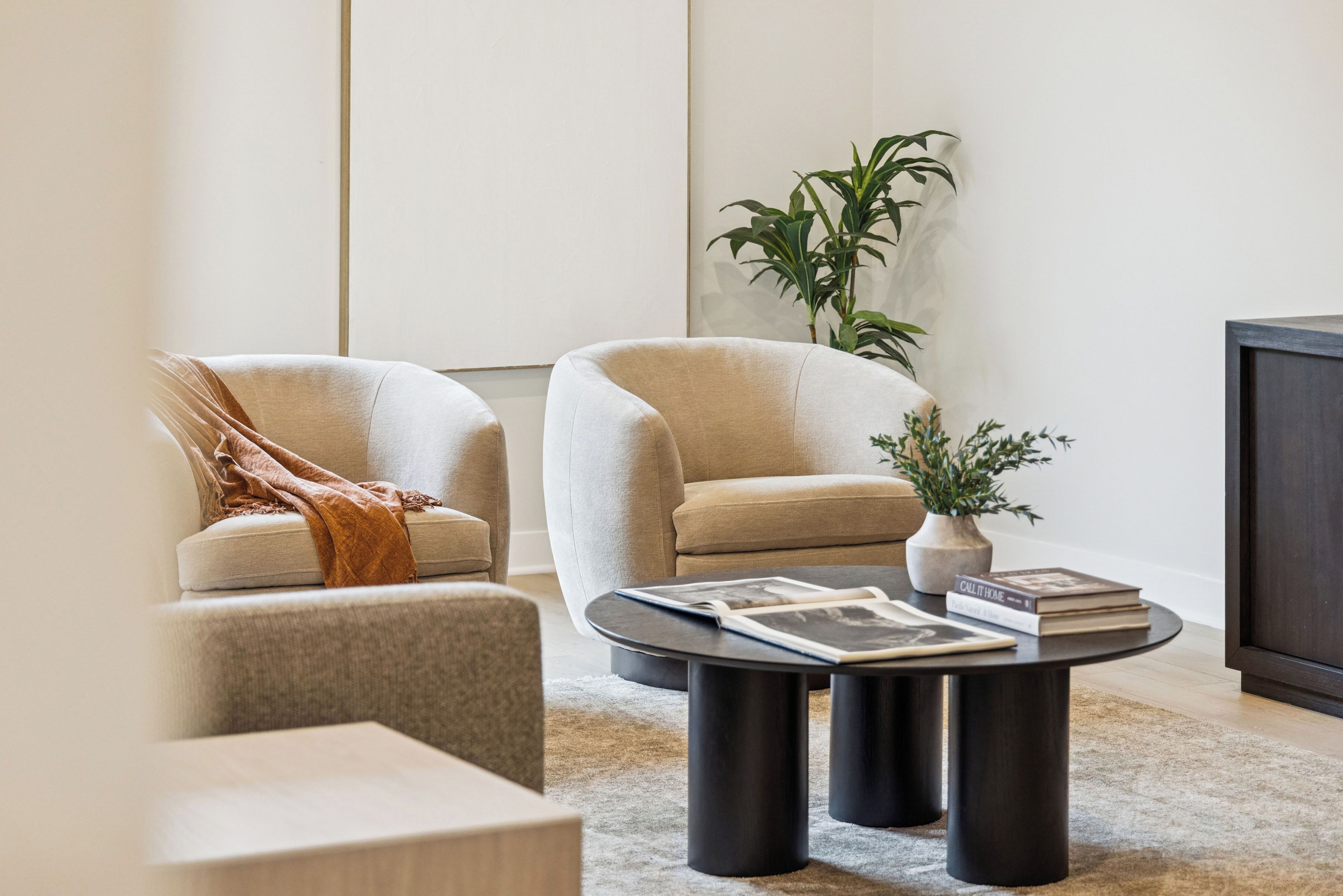 A modern living room with two beige armchairs, a dark coffee table with magazines, a potted plant, and a dark cabinet.