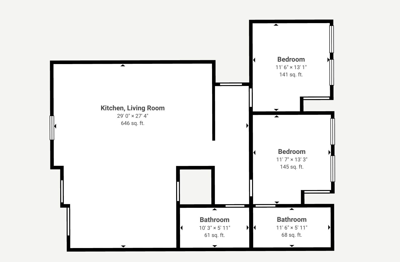 A floor plan with a Kitchen, Living Room, two Bedrooms, and two Bathrooms.