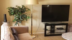 A living room with a sofa, a small round table, a floor lamp, a TV on a stand, and a potted plant. - Little Paradise in Las Vegas with Pool (Las Vegas)