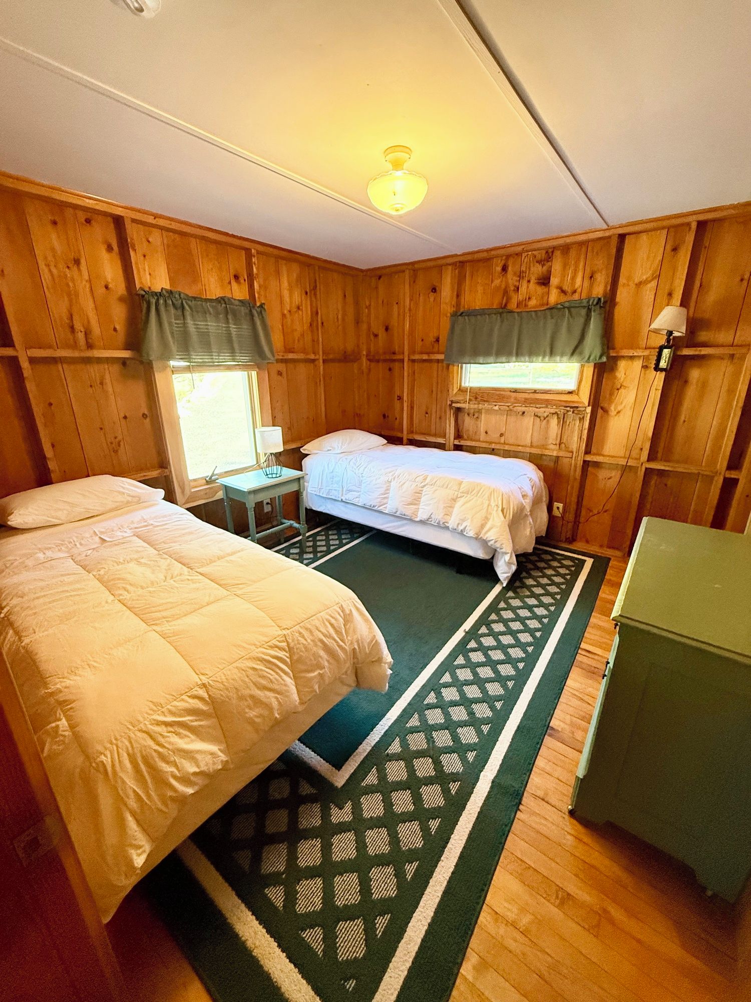 Una habitación con dos camas, una mesita, una lámpara y un tapete verde estampado.