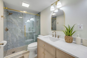 Shower, hair dryer, towels