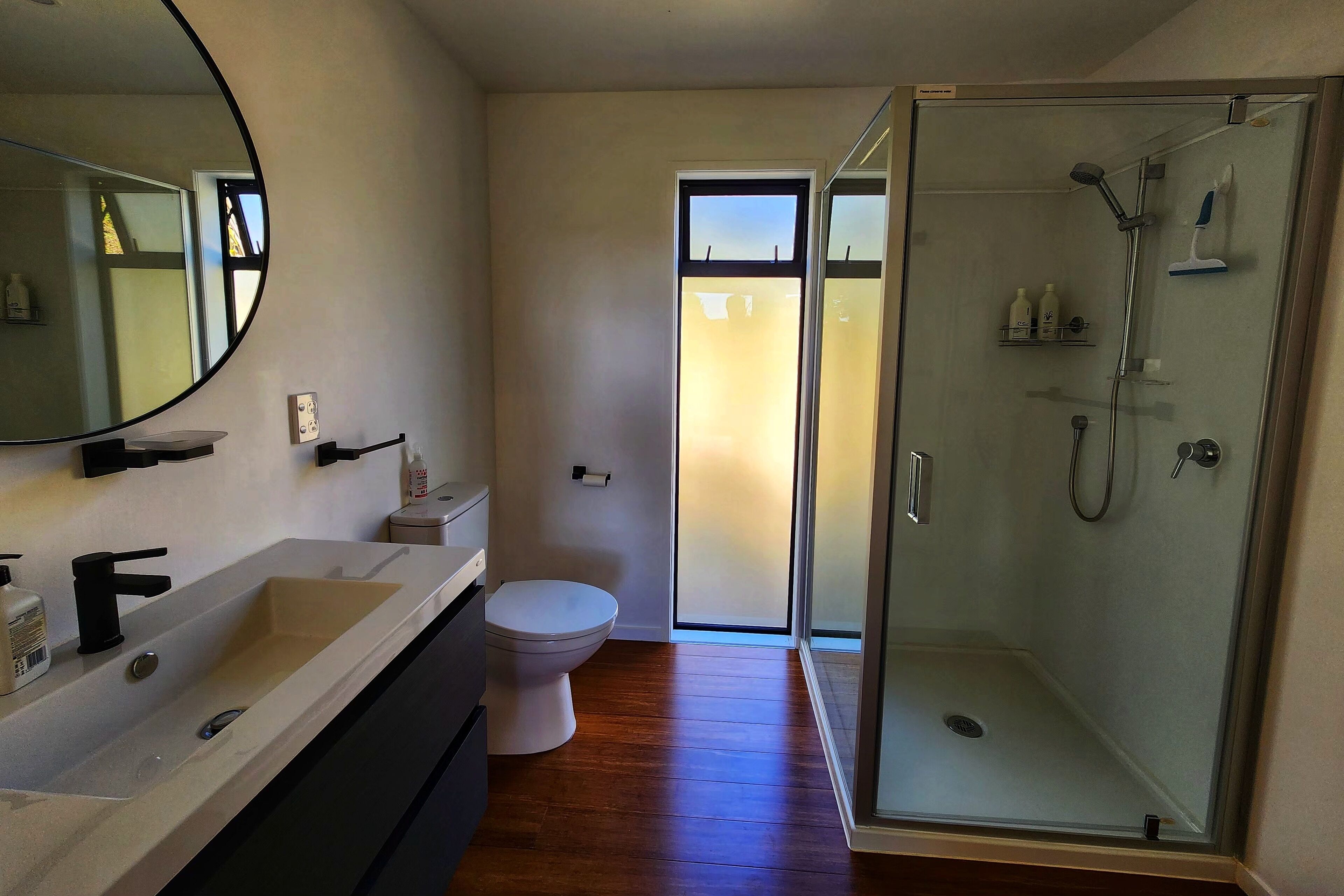 Shower, eco-friendly toiletries, hair dryer, towels