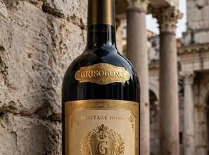Una botella de vino Grisogono con etiqueta que dice 'Heritage Home' y un escudo.