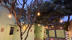 Ein Patio im Freien mit einer Sitzecke, Lichterketten und einem Baum.