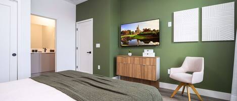A modern bedroom with a bed, a TV, a wooden cabinet, and a chair.