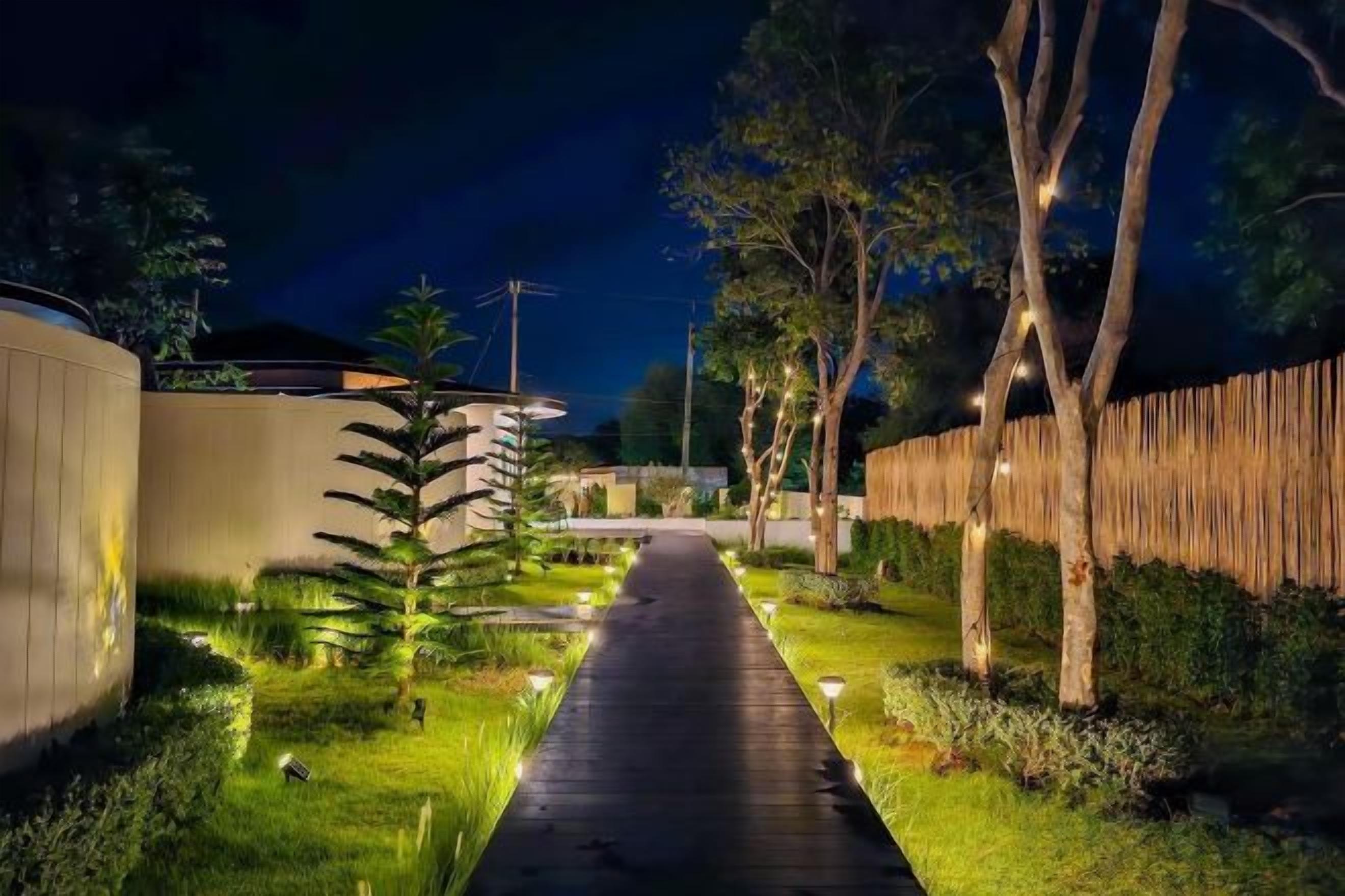 A nighttime pathway flanked by trees and illuminated by ground lights, leading to a building.