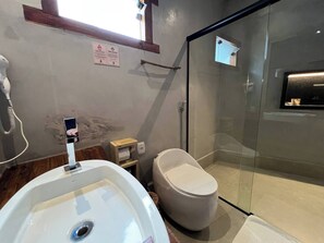 Chuveiro, toalhas de banho, sabonete, papel higiênico