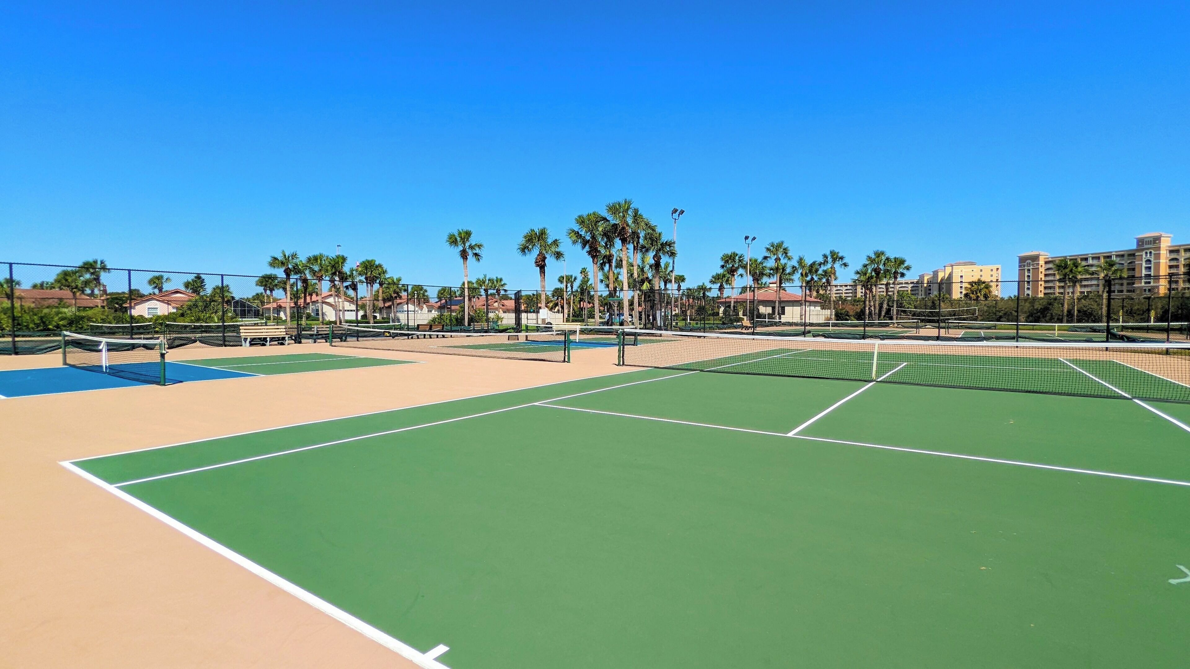 Een tennisbaan met meerdere velden, omgeven door palmbomen en gebouwen op de achtergrond.