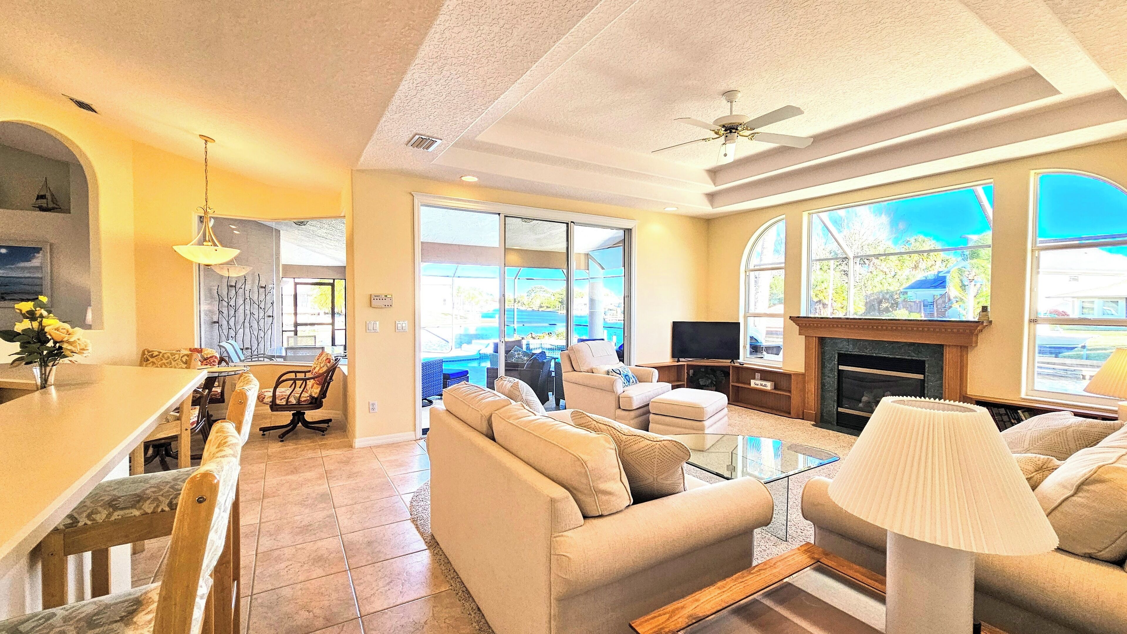 Televisión, chimenea, libros