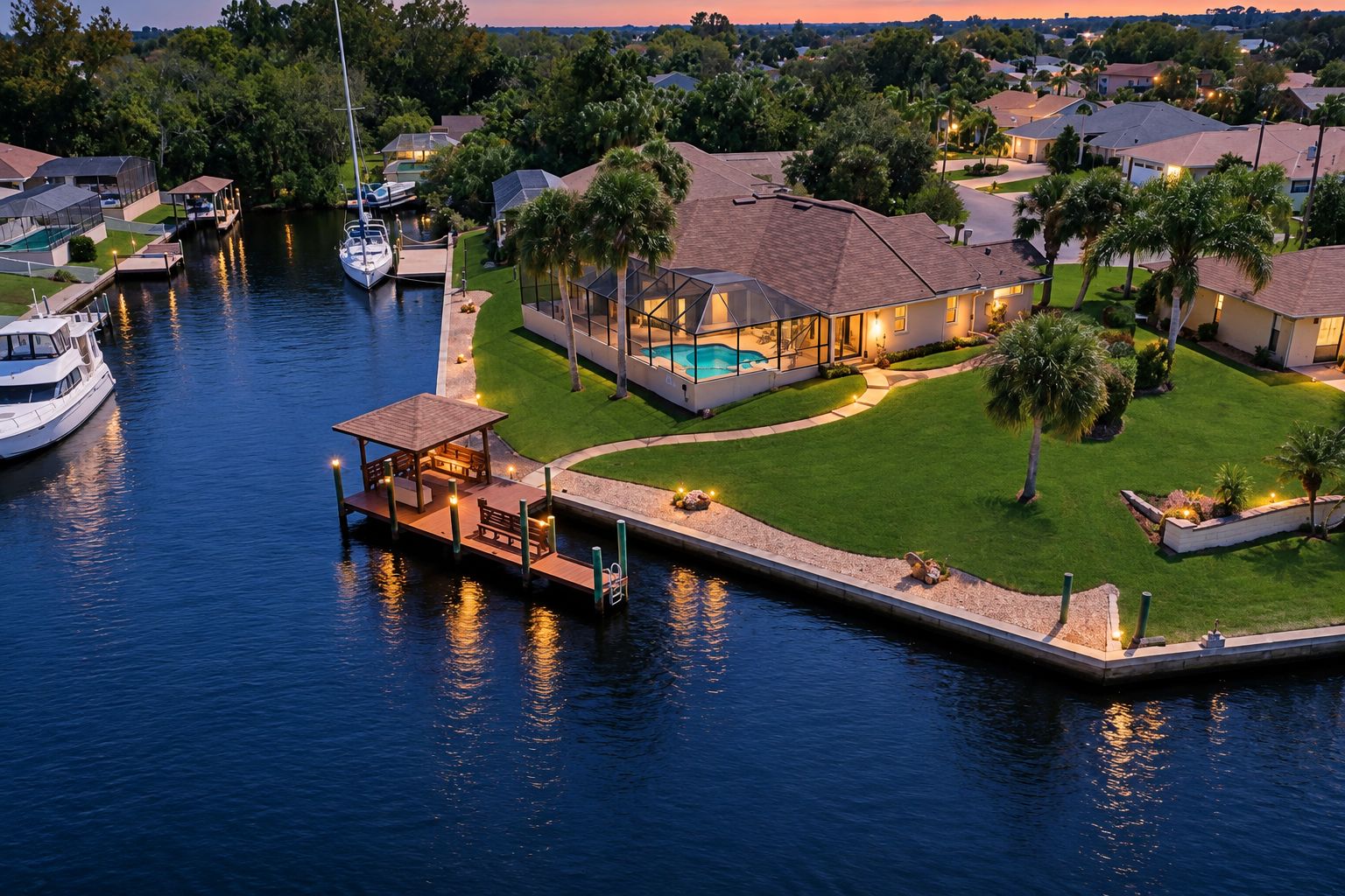 A residential area with a dock, a swimming pool, and houses with well-maintained lawns.