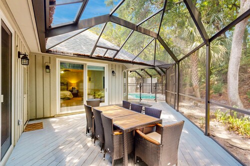 Spacious home with patio, deck, private outdoor pool, & beach access