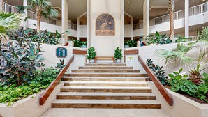 Um hall de hotel com uma escadaria central, rodeado por vegetação exuberante e palmeiras.