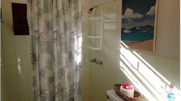 Ducha, secador de pelo, toallas, jabón