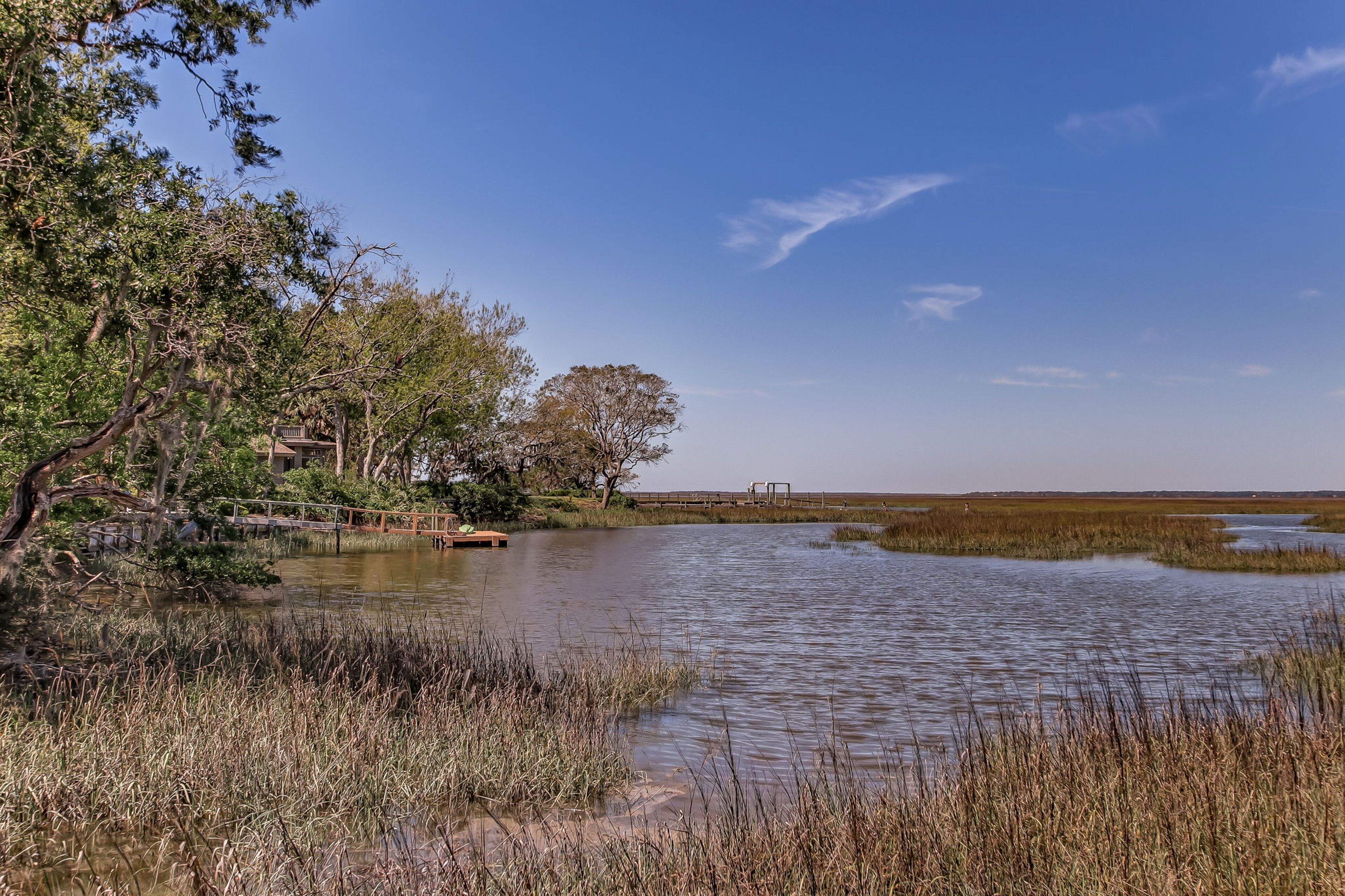 A calm river with a wooden bridge, surrounded by trees and marshland.
