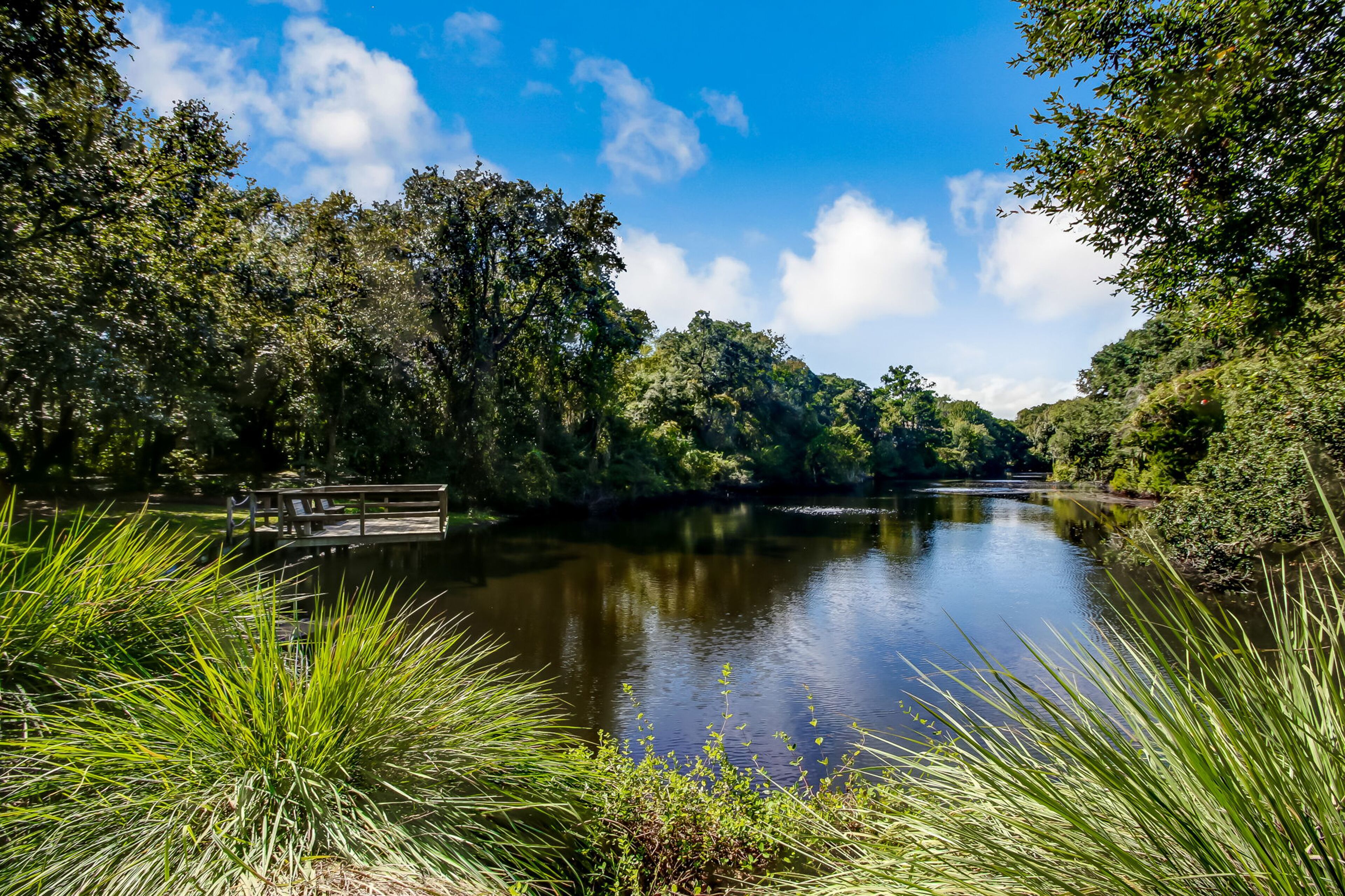 A serene riverside view with a wooden bridge, lush greenery, and a calm water body.