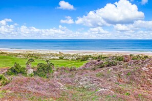 Kystlandskab med strand, golfbane og klar himmel.