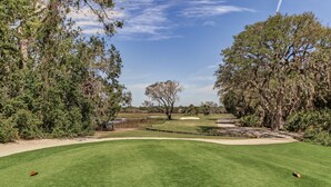 A golf course with a well-maintained green, sand bunkers, and trees. - Dog-Friendly Home in the Tennis Villas w/Free WiFi, Shared Pool, Central AC (Fernandina Beach)