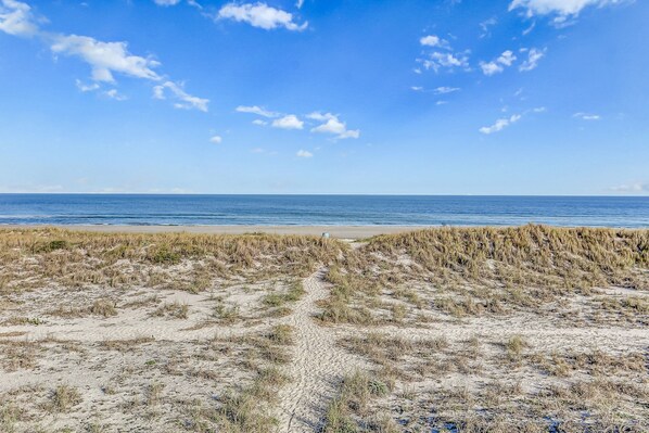 A beach with a clear sky and calm sea.