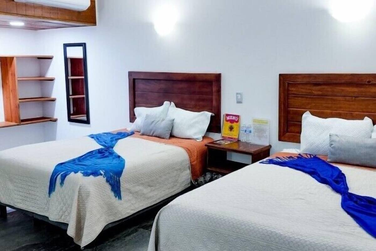 A hotel room with two beds, wooden headboards, white bedding, and a blue decorative item on each bed.