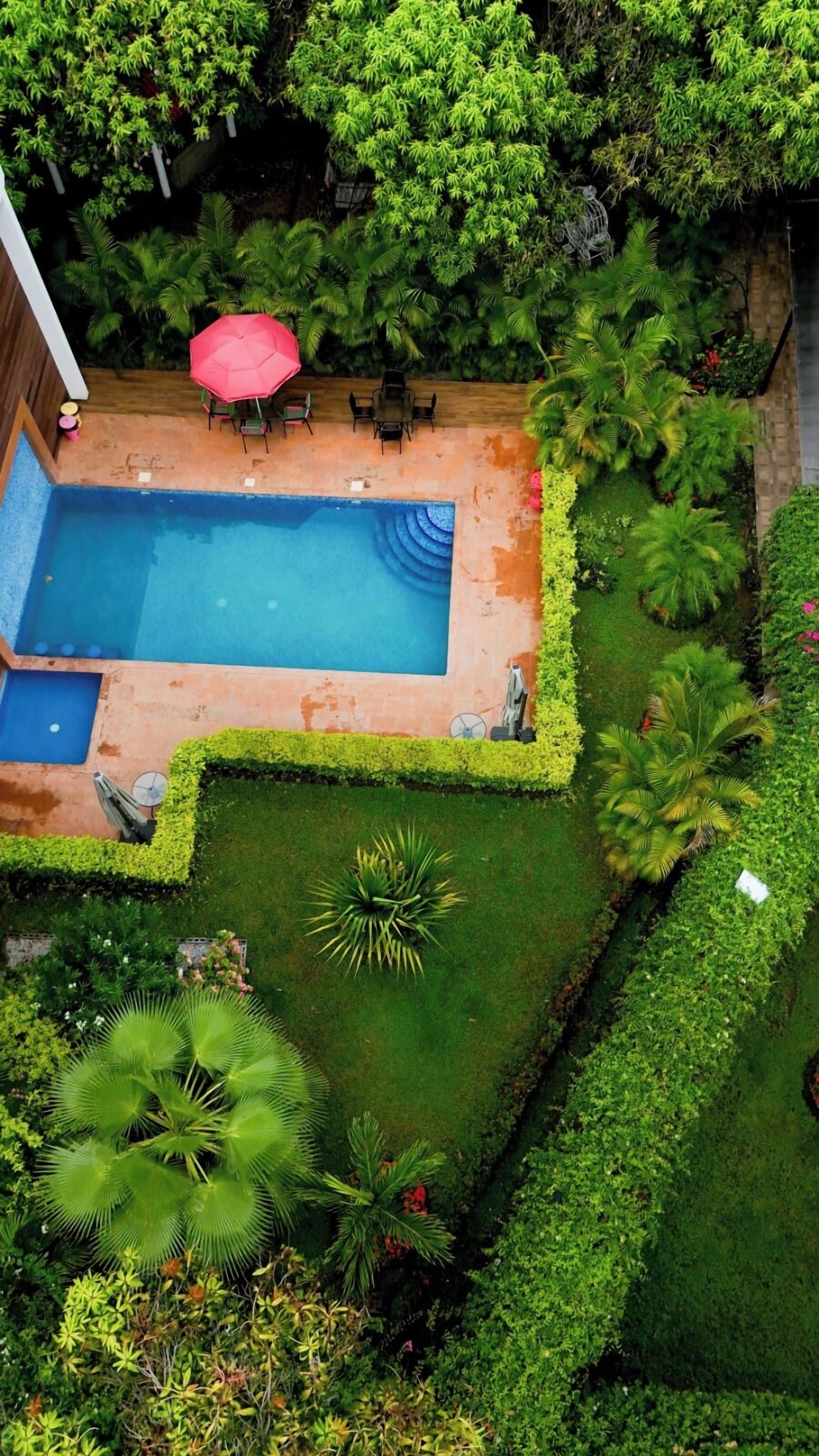 Una piscina rectangular con una sombrilla roja, rodeada de setos cuidados y plantas tropicales.