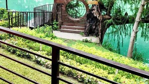 A tranquil garden with a large tree, a wooden bench, and a clear pond.