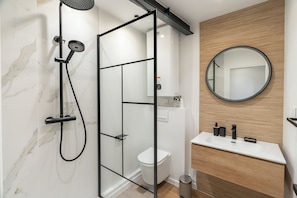 Hair dryer, towels, soap, toilet paper