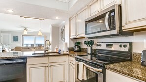 A modern kitchen with a built-in microwave, stove, and dishwasher.
