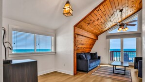 Smart TV, fireplace, books