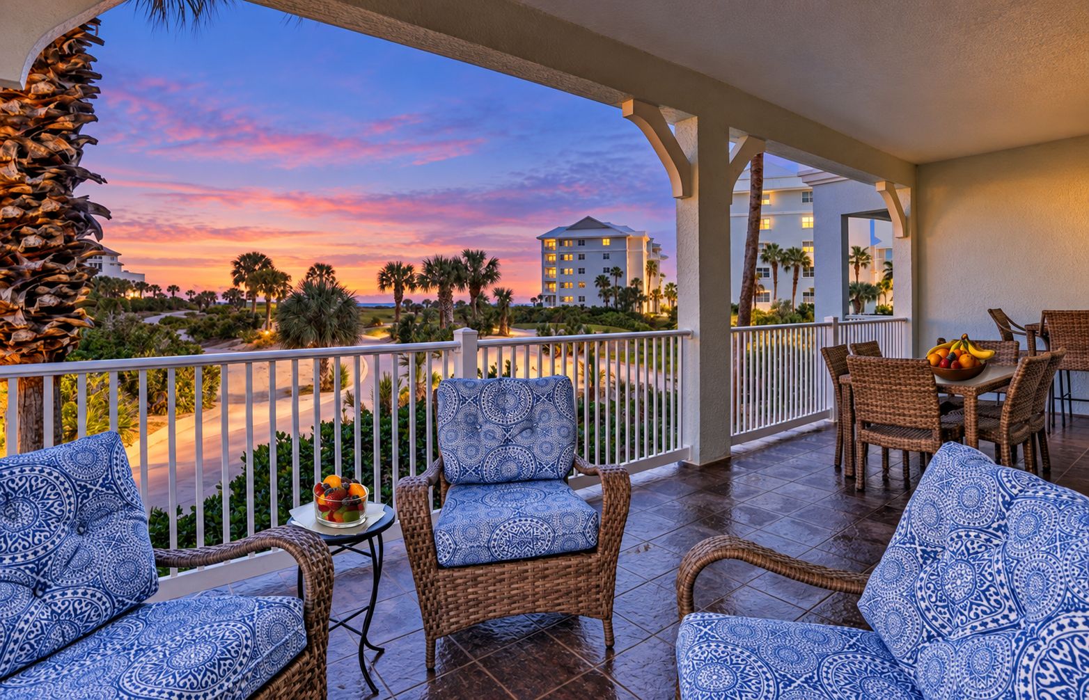 A balcony with wicker furniture and a table with fruit, overlooking a body of water and buildings.