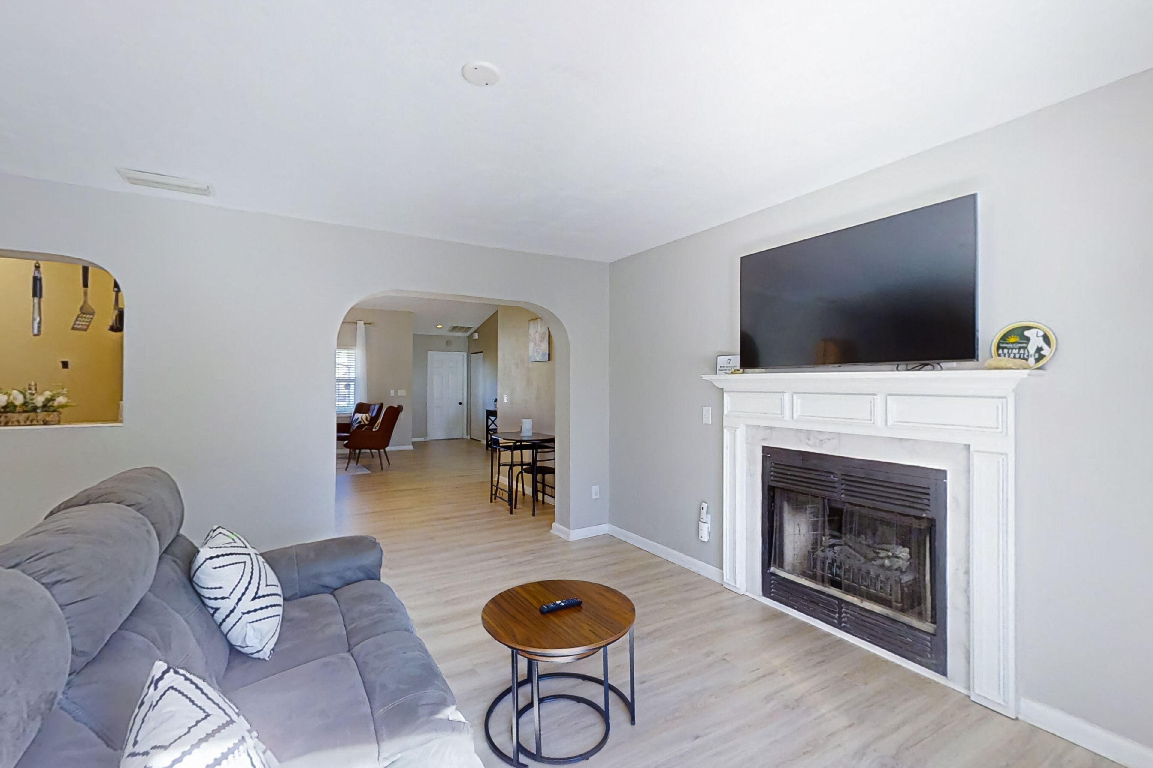 TV, fireplace, books