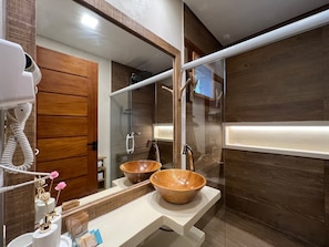Hair dryer, towels, soap, toilet paper