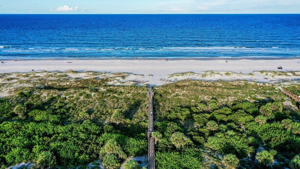 A beach with a wooden boardwalk leading to the water, surrounded by dense green vegetation. - Dreamy oasis on the beach with balcony, pools, gym & ocean view - dog-friendly (St. Augustine)