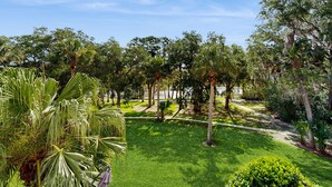 Um jardim bem cuidado, com diversas árvores e um caminho bem definido.