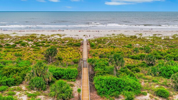 Una playa con un paseo marítimo de madera que conduce a la orilla, rodeada de densa vegetación verde.