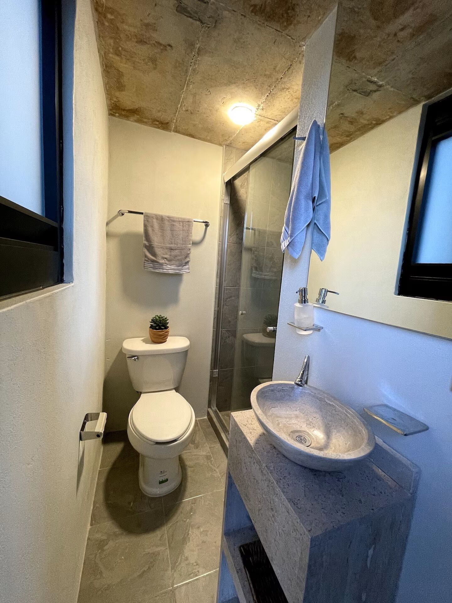 Un baño pequeño con inodoro, lavamanos y ducha.