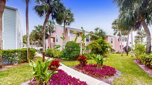 A residential area with a row of pink houses, a well-maintained lawn, and palm trees. - Spacious condo with 2 private balconies, beach access and pool (St. Augustine)