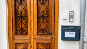 A wooden double door with decorative ironwork, a mailbox, and a utility box on the wall.