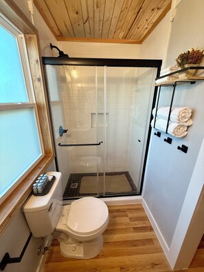 Shower, hair dryer, towels, soap