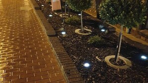 Vista nocturna de un pasillo de hotel con suelo de ladrillo, pequeños árboles y luces en el suelo iluminadas.