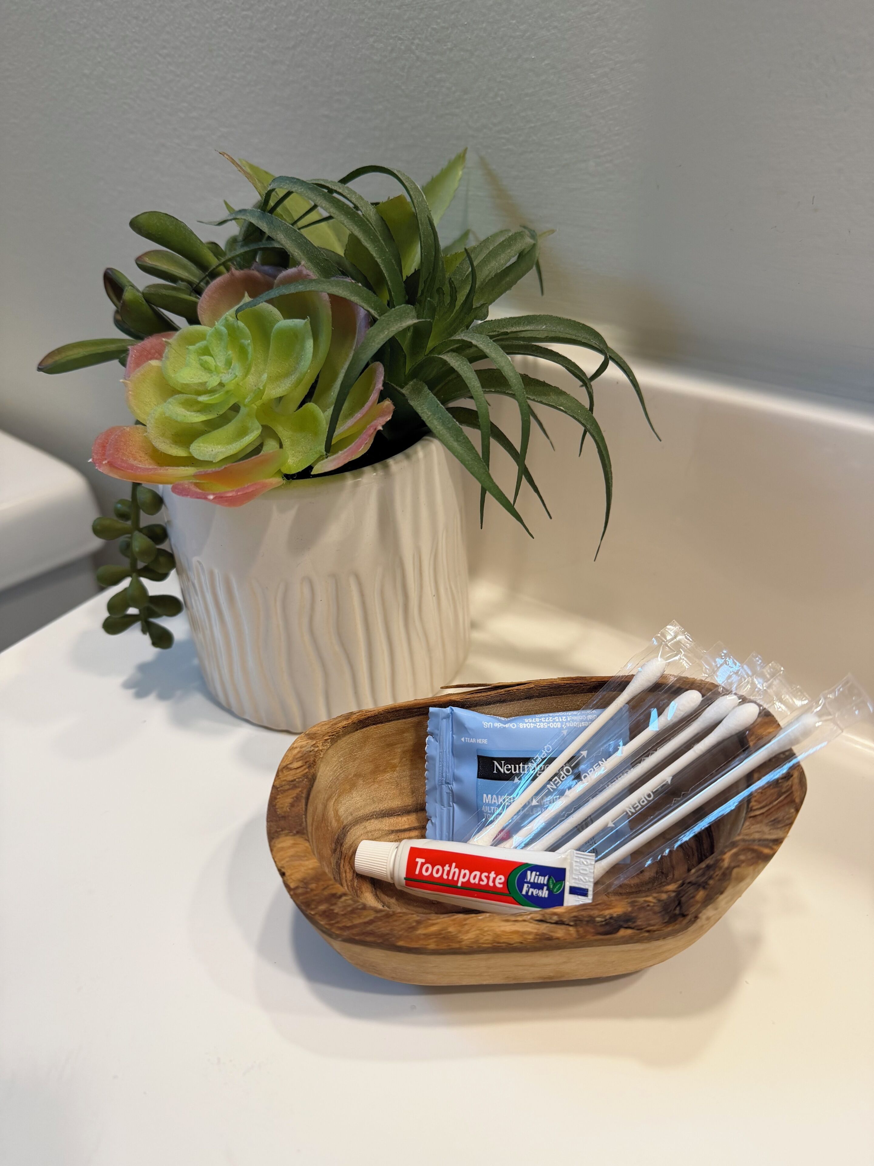 A white ceramic pot with a succulent plant and a wooden tray with dental hygiene products.