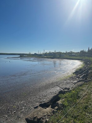 A rocky shoreline with a clear sky and calm water.