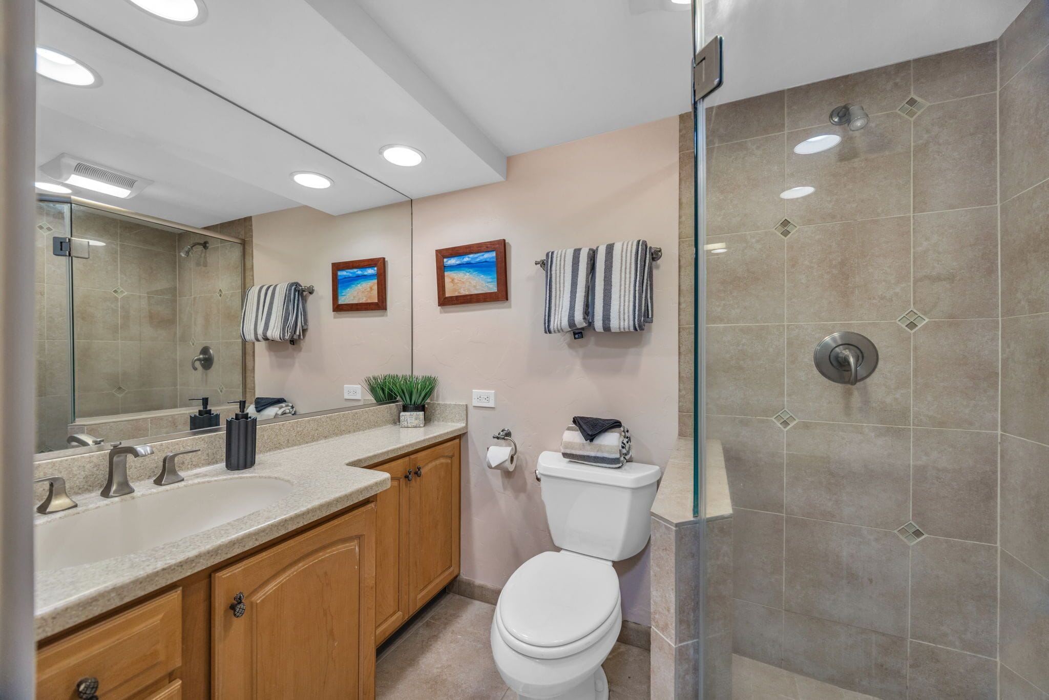 Hair dryer, towels, soap, toilet paper