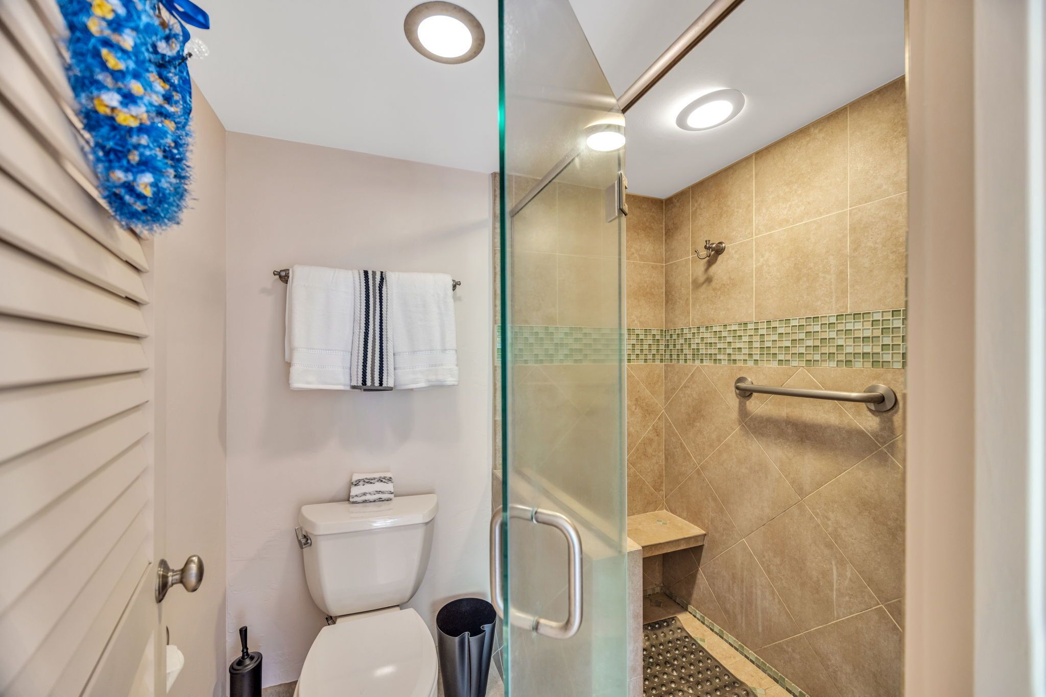 Hair dryer, towels, soap, toilet paper