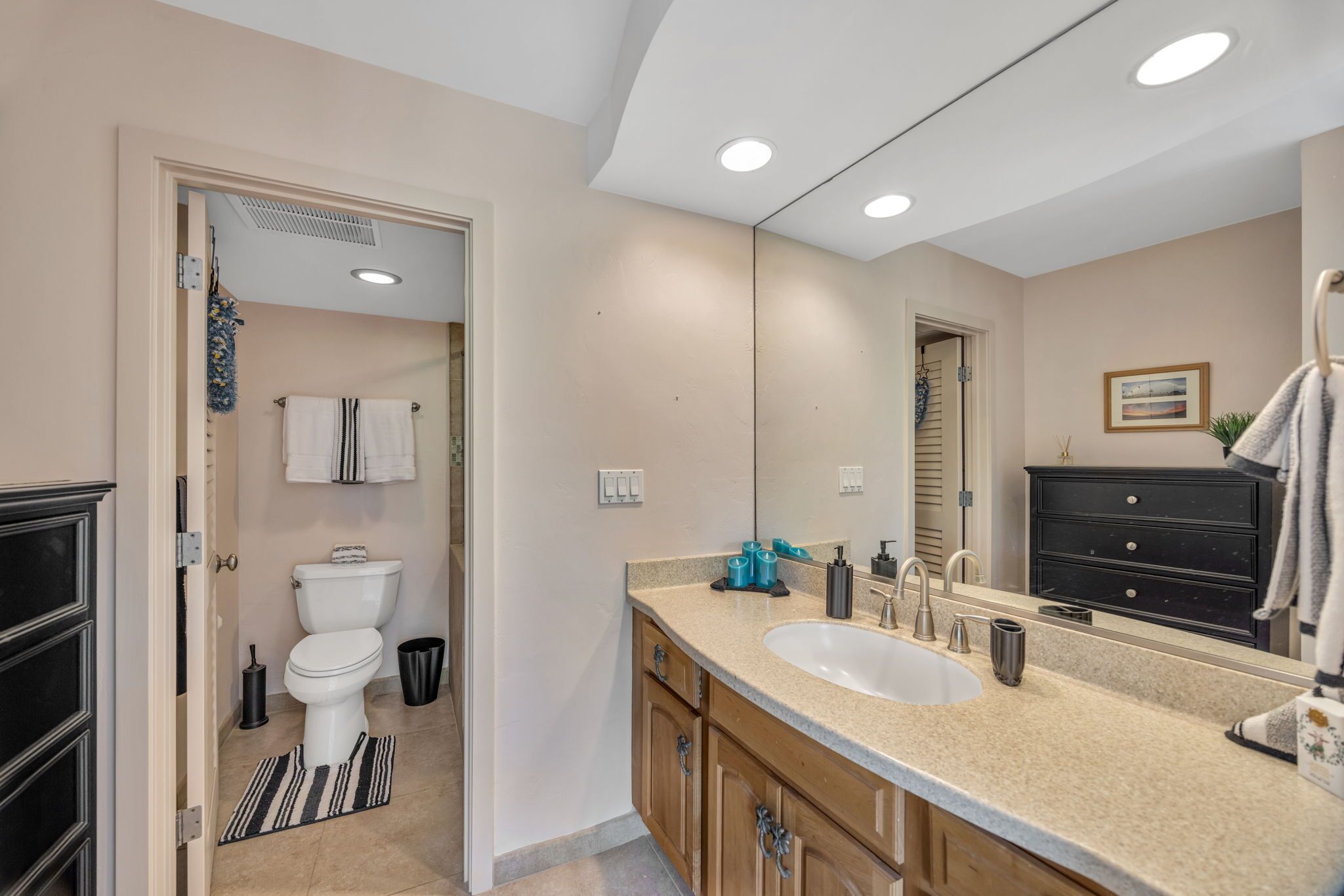 Hair dryer, towels, soap, toilet paper