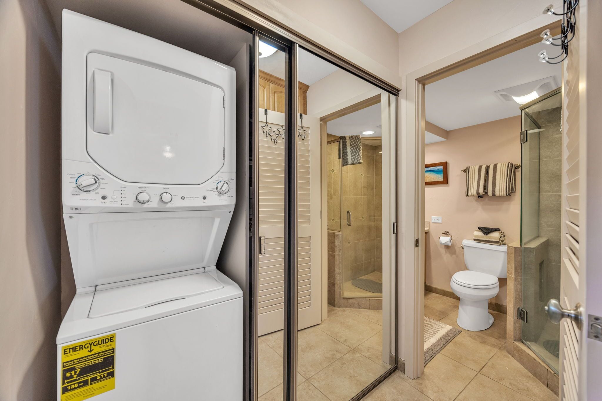 Hair dryer, towels, soap, toilet paper