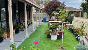 Eine überdachte Terrasse mit grünem Rasen, Kübelpflanzen und einem kleinen Baum.