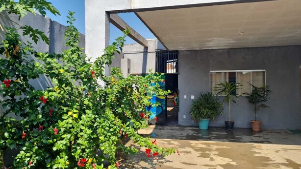 Un espacio al aire libre techado con macetas y una estructura de concreto.