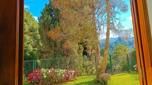 A garden with a variety of flowers and trees, a green fence, and a view of mountains in the distance. - Pousada Hortelã (Campos do Jordão)