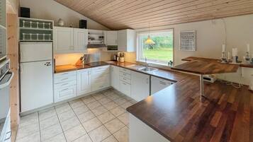 Fridge, stovetop, dishwasher, coffee/tea maker